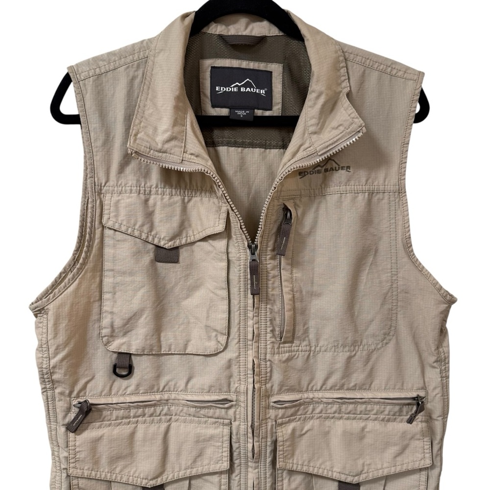 Eddie Bauer khaki utility fishing vest multi pocket outdoor SMALL